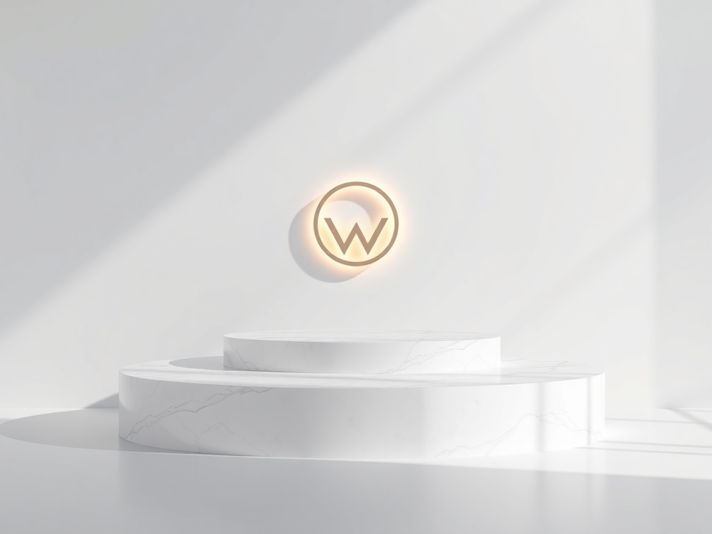 A minimalist marble podium with a glowing elegant logo mark, soft natural light, subtle reflections, 8k photorealistic, high-end product photography, clean background.